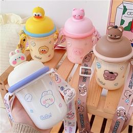 Water Bottles 435ML Cartoon Children Bottle With Shoulder Strap Portable Plastic Sealed Leak-Proof BPA Free Baby Milk Cup Straw