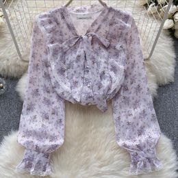 Women's Blouses Purple Floral Chiffon Shirt For Women Summer Autumn Lace Ruffle Bow Long Sleeved Sweet Blouse Top Blusa