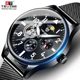 New Arrival TEVISE Men Automatic Mechanical Watch Full Steel Tourbillon Wristwatch Moon phase Chronograph Clock205S