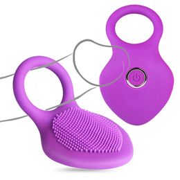 Vibrators Vibrating Cock Time Delay Ring with Massager Brush Silicone Sex Toys Quiet USB Charged Penis Vibrator Rings 10 Speeds Vibrator 230920