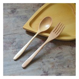 Flatware Sets 100Pcs Natural Wood Spoon And Fork Dinnerware Coffee Tea Salad Fruit Tableware Green Healthy Wooden Cutlery Sn1288 Dro Dhrgc