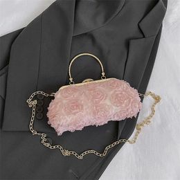 Evening Bags Pink Lace Floral Clutch Bag For Women Fashion Chain Shoulder Crossbody Female Cloth Handbag Designer Wedding Clip Purse