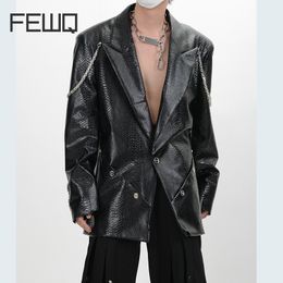 Mens Leather Faux FEWQ Niche Skin Pattern Shoulder Pad PU Suit Patchwork Design Autumn Chain Decoration Long Sleeve Male Tops 24X1482 230921