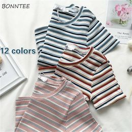 Women's T Shirts Short Sleeve T-shirts Women Lovely Slim Chic Soft Ulzzang Summer Ladies Crop Top Striped All-match Casual Femme Tees Ins