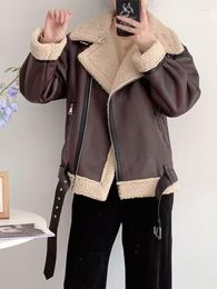 Women's Leather FTLZZ Autumn Winter Streetwear Moto Biker Pu Coat With Belt Women Fashion Zipper Faux Lamb Fur Jacket