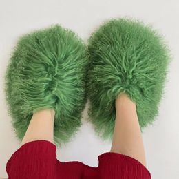 Slippers Real Fur Slippers Women Winter Fluffy Mongolian Fur Slides Ladies Indoor Warm House Shoes Plush Long Hair Wool Sheepskin Slides 230920