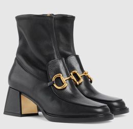 Winter Brand Women House Ankle Boot Gold-plated Block Heels Black Brown Smooth Leather Interlocking Booties Party Wedding Lady Boots EU35-41