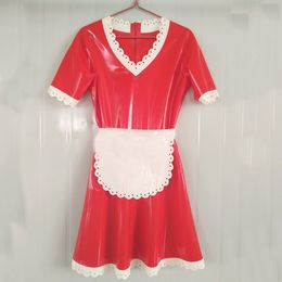 Catsuit Costumes Women Maid Latex Dress 100% Rubber Elegant Female Skirts Apron Gumm Dress