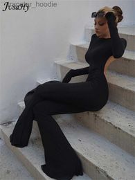 Women's Jumpsuits Rompers JuSaHy Summer Y2K Solid Black Basic Bodysuit for Women Fashion Long Sleeves Halter Backless Flare Pants Simple Casual Streetwear L230921