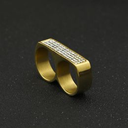 Mens Double Finger Ring Fashion Hip Hop Jewellery High Quality Iced Out Stainless Steel Gold Rings2593