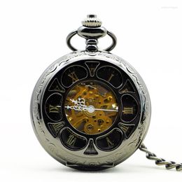 Pocket Watches Black Magic Pattern Hollow Quartz Watch Retro Steampunk Manual Winding Men's Fob Chain Accessories Gift Clock