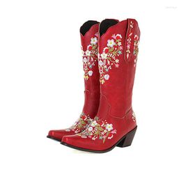 Stiefel Vintage bestickte Blume spitze Western Cowboy quadratische Zehen High Heel Ärmel Reiten Damen Plus Size Mid Leg