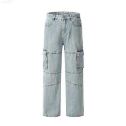 High Street Washed Light Blue Line Patchwork Patch Pocket Straight Tube Loose Fitting Casual Jeanstlk4