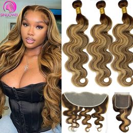 Synthetic Wigs P4 27 Highlight Body Wave 3 4 Real Human Hair Bundles With 13x4 Transparent Lace Frontal Pre Plucked Peruvian Remy 230920