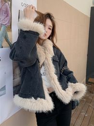 Womens Fur Faux Fur Faux Fur Coat Women Jacket Autumn Winter Thicken Warm Long Sleeve Pockets Spliced Korean Fashion Jacket Vintage Denim Coat 230920