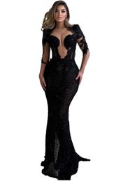 2023 Aso Ebi Arabic Black Mermaid Prom Dress Lace Beaded Evening Formal Party Second Reception Birthday Engagement Gowns Dresses Robe De Soiree ZJ376