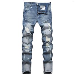 Men's Jeans Solid Color High Elasticity Cotton Personalized Straight Leg Pants Fashion Denim Perforated 42 Size