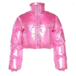 Women's Trench Coats Winter Cute Women Bright PU Leather Puffer Jacket Warm Bubble Shiny Pink Parkas Down Kawaii Slim Cropped Jackets