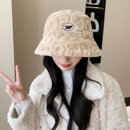 Winter Fluffy Bucket Hat Women Designer Fashion Solid Warm Hats Letter Casual Lambswool Fisherman Cap