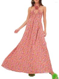 Casual Dresses Women Summer Long 3D Flower Spaghetti Strap Maxi Dress Floral Print Tie-Up Halter Sleeveless Backless