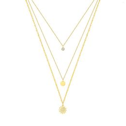 Chains Elegant Stainless Steel Triple-layer Women Necklace Featuring Sunflower And Zircon Pendant Jewellery