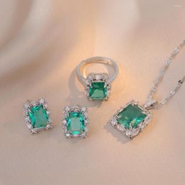 Necklace Earrings Set Bridal Rectangle Green Stone Square Stud Ring Pendants Clavicle Necklaces For Women Silver Color Zircon CZ