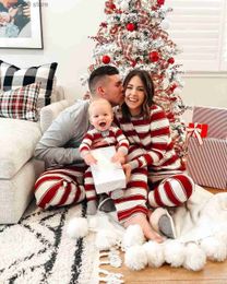 Family Matching Outfits Christmas Pajamas Set Striped Print Mother Father Kids Matching Clothes Toddler Infant Romper Cute Soft Pyjamas Xmas Family Look T230921