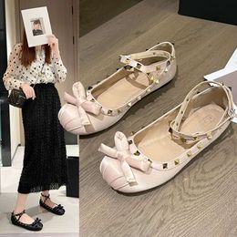 Valentine tone-on-tone Ballet flats Satin ballerinas with studs Casual shoe women bow shoes rivet buckle flat shoes Y7Y6L
