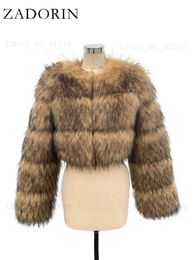 Women's Fur Faux Fur ZADORIN High Quality Cropped Faux Raccoon Fur Coat Women Winter Fashion O Neck Long Sleeve Fluffy Short Faux Fur Jacket Crop Top T230921