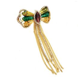 Brooches Vintage Style Golden Chain Tassel Green Champagne Rhinestone Bow Brooch Pin For Women Costume Sweater Jackets Coats Jeans Cloth