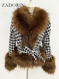 Women's Fur Faux Fur ZADORIN Trend Fashion Autumn Winter Short Plaid Wool Patchwork Faux Racoon Fur Coat Women Luxury Big Fur Collar Faux Fur Jacket T230921