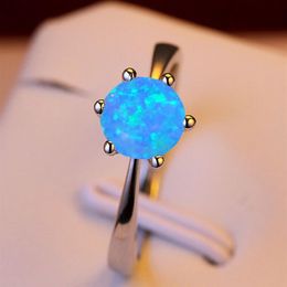 Classic 6MM Round Blue White Fire Opal Rings For Women Wedding Bands Six Promise Engagement Thin Ring Band Jewelry252j