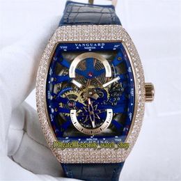 Luxry New Saratoge Vanguard S6 Yachting V45 S6 YACHT Blue Skeleton Dial Miyota Automatic Mens Watch Rose Gold Diamond Case Leather228F