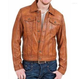 Men's Jackets Vintage Distressed Brown Leather Jacket Trucker Biker Real Lambskin
