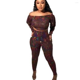 Women's Tracksuits 2023 Spring Fashion Sexy Club Party Style Sets Long Sleeve Card Shoulder Top Elastic Pants Printed Two Piece