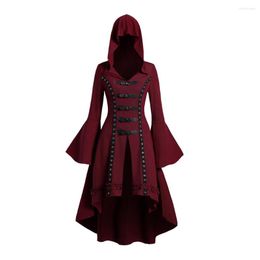 Women's Trench Coats 2023 Autumne Grommet Gothic Hooded Coat High Low Hem Buckle Flare Sleeve Frilled Top Dip Long Tops