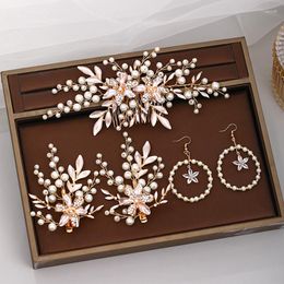 Hair Clips Five-Piece Fashion Wedding Comb Flower Tiara Handmade Pearl Headdress Prom Earrings Clip Bridal Jewelr