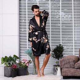 Men's Sleepwear Black Men Robe Kimono Gown Male Satin Nightwear Long Sleeve Bathrobe Print Pajamas