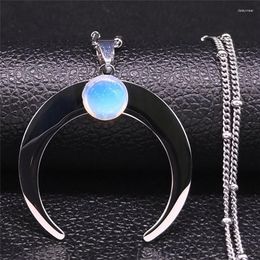 Pendant Necklaces Bohemian Moon Moonstone Stainless Steel Chain Women Silver Color Necklace Jewelry Collares Para Mujer N3126S04