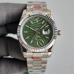 Round dial olive green men's watch 41mm palm leaf pattern waterproof scratch resistant blue crystal folding buckle stainless 157I