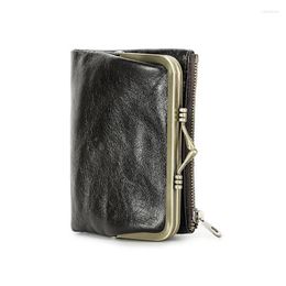 Wallets Genuine Leather Clutch Bag Women's Small Metal Frame Purse Clasp And Zipper Coin Pocket For Holder