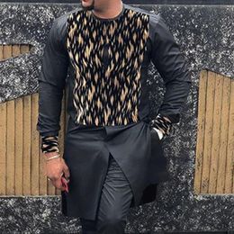 Ethnic Clothing Muslimn Men Clothes 2021 Fashion Printed Dashiki Leopard Black T-shirt Long Sleeve Casual Tee Tops Male Muslim Lux310a