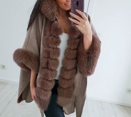 Womens Fur Faux Fur real fur Woollen shawl coat big size oversized with hood with fur collar cuffs cape hoodie kimono hoody wrap 230920