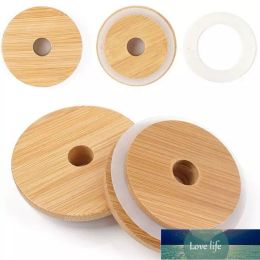 Simple Mason Lids Reusable Bamboo Caps Lids with Straw Hole and Silicone Seal for Mason Jars Canning Drinking Jars Lid