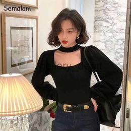 Women's Sweaters Square Collar Vintage Lantern Sleeve Tops Halter Inside Elegant Chic Sweater 2022 Lady Sexy Skinny Slim Korean Autumn Winter Top J230921