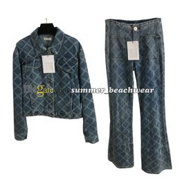 Diamond Pattern Denim Jacket Women Flower Print Jean Coat High Waist Flared Pants Two Piece Pants