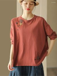 Women's T Shirts Retro Women T-shirt Autumn O-Neck Patchwork Long-sleeved Casual Pullovers Tops
