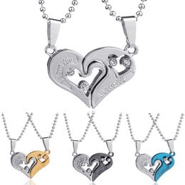 Double Heart Pendant Necklace 316L Stainless Steel Crystal Matching Jewellery Couple Lovers I Love U Necklaces 2 Pieces A Set207y