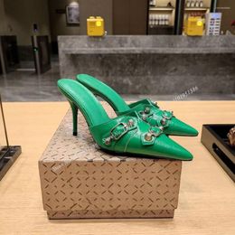 Sandals Moraima Snc Green Rivet Slippers Slip On Solid Buckle Decor Thin High Heel Shoes For Women Heels Zapatillas Mujer