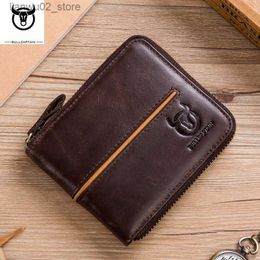 Money Clips Bullcaptain Genuine Leather Men Short Wallet Casual Men's Coin Purse Vintage Male Zipper Card Holder Luxury Money Bags JYB022 Q230921